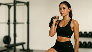 A confident, athletic woman holds a black kettlebell in a front rack position while wearing Kinia’s Power Sports Bra and Power Cycling Shorts in Onyx. She stands in a minimalistic, modern gym studio with blurred free weight equipment in the background, under soft, natural light that highlights her strength and focus.
