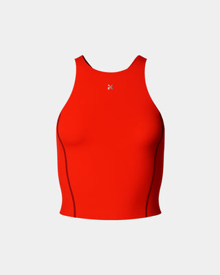 Front view of Kinia Power Crop Top in Scarlet red, featuring high neckline, sculpting fit, and contrast plum seams – designed for performance training and women's activewear.