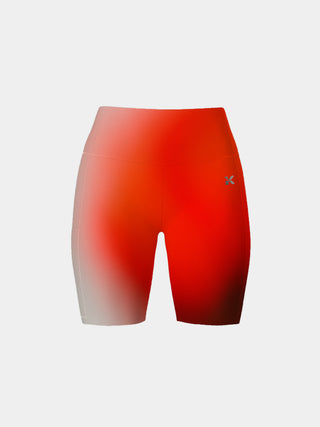 High-performance leggings shorts in a scarlet gradient, featuring secure side and back pockets, designed for intense workouts.