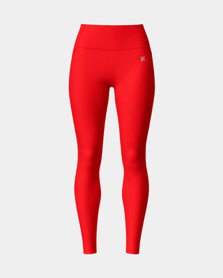 Front view of Kinia’s Lume Leggings in Scarlet Red – high-waisted sculpting leggings designed for women, made with KiniaSoft fabric for breathable compression, four-way stretch, and second-skin feel. Ideal for training, muscle building, and active recovery.
