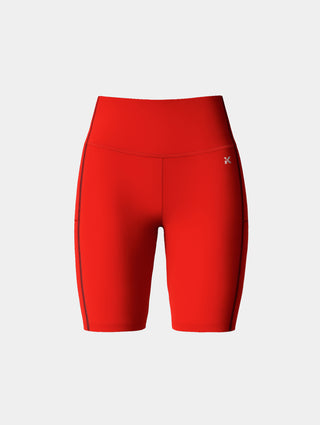 Front view of Kinia Movement Power Shorts in Scarlet red, high-waisted fit with sculpting waistband, designed for women’s strength training and athletic performance.
