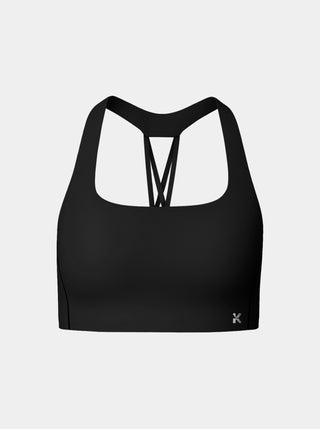 Kinia Power Sports Bra in Onyx black – front view showing sleek, supportive sports bra for women with high-performance compression and sculpting fit, designed for strength training and muscle support.