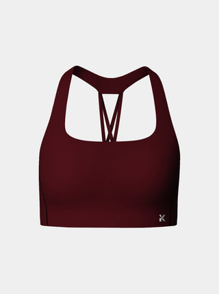 Kinia Power Sports Bra in Plum – front view showing sleek, supportive sports bra for women with high-performance compression and sculpting fit, designed for strength training and muscle support.