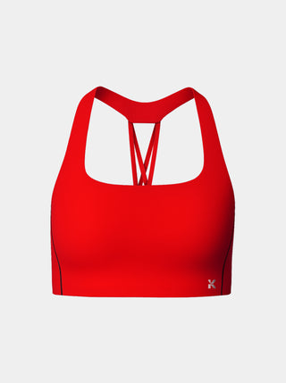Kinia Power Sports Bra in Scarlet Red – front view showing sleek, supportive sports bra for women with high-performance compression and sculpting fit, designed for strength training and muscle support.