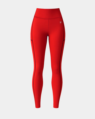 Kinia Power Leggings in Scarlet red  – front view showcasing high-rise waistband, no-front-seam design, and sculpting fit. Women’s strength training leggings designed for support, compression, and confidence during workouts.
